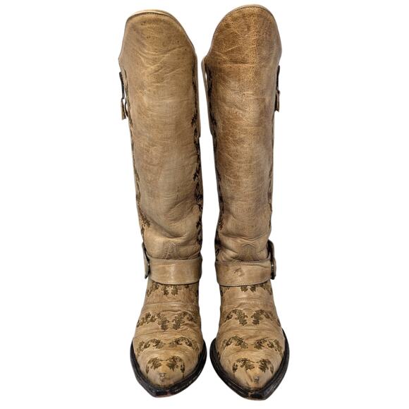 Old Gringo 7B Tan Leather Western Boots Embroidered Fleur de Lis Distressed - Picture 4 of 8